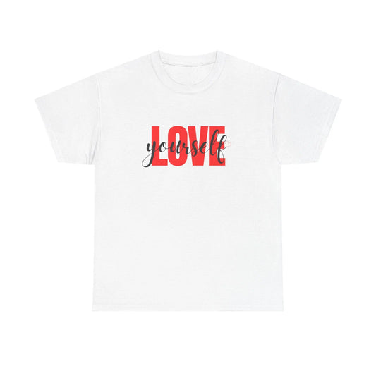 LOVE Script Graphic T-Shirt — Red Block "Love" with Cursive Overlay Printify