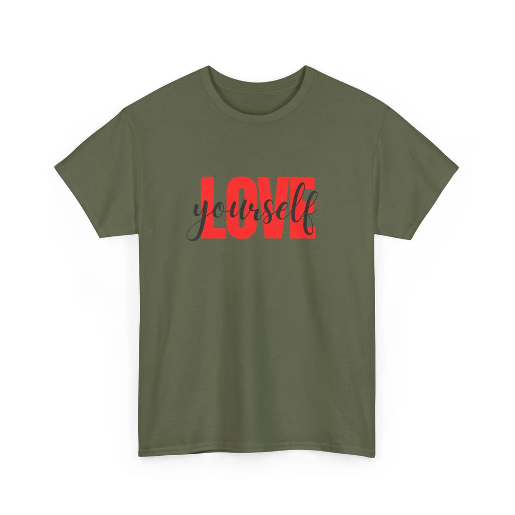 LOVE Script Graphic T-Shirt — Red Block "Love" with Cursive Overlay Printify
