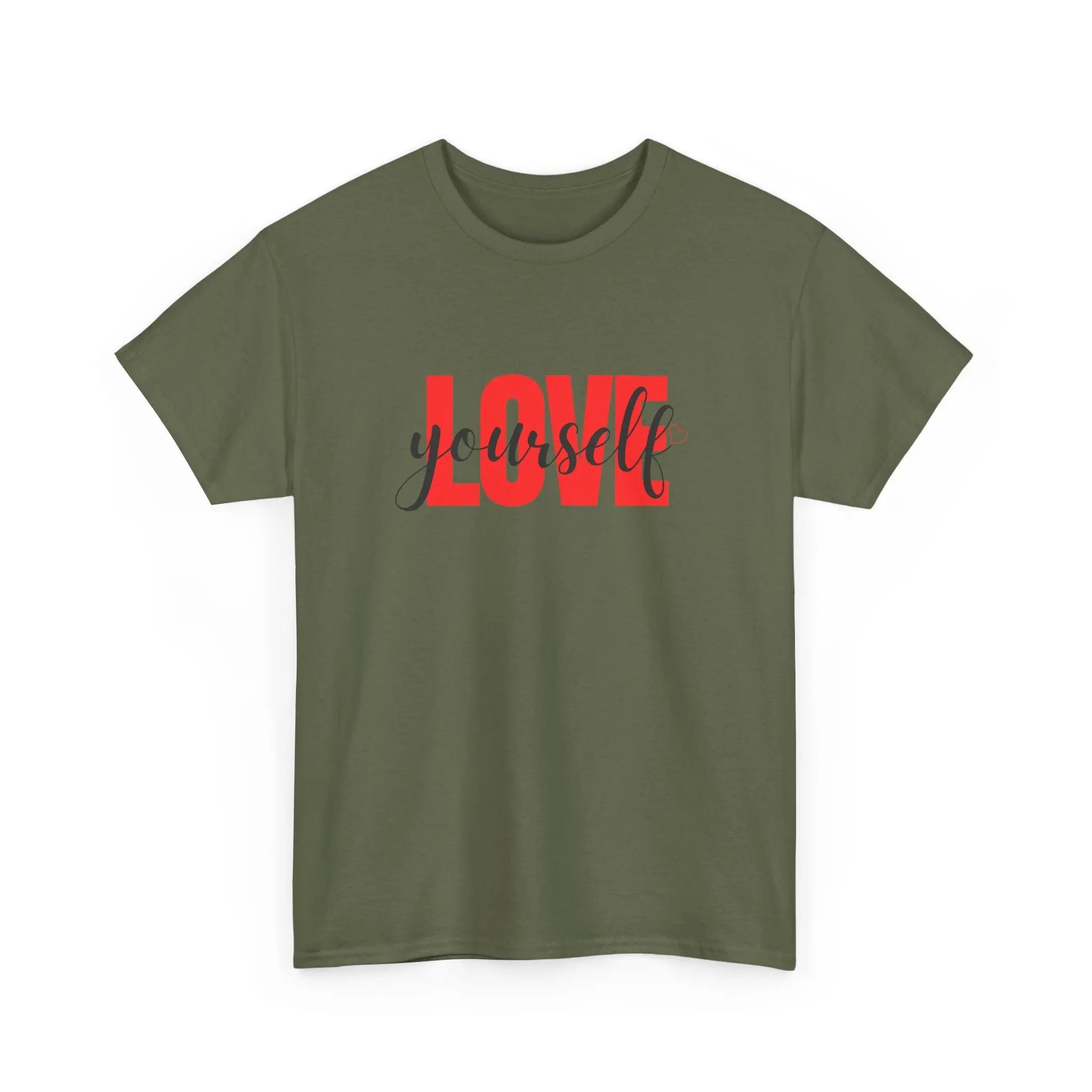 LOVE Script Graphic T-Shirt — Red Block "Love" with Cursive Overlay Printify