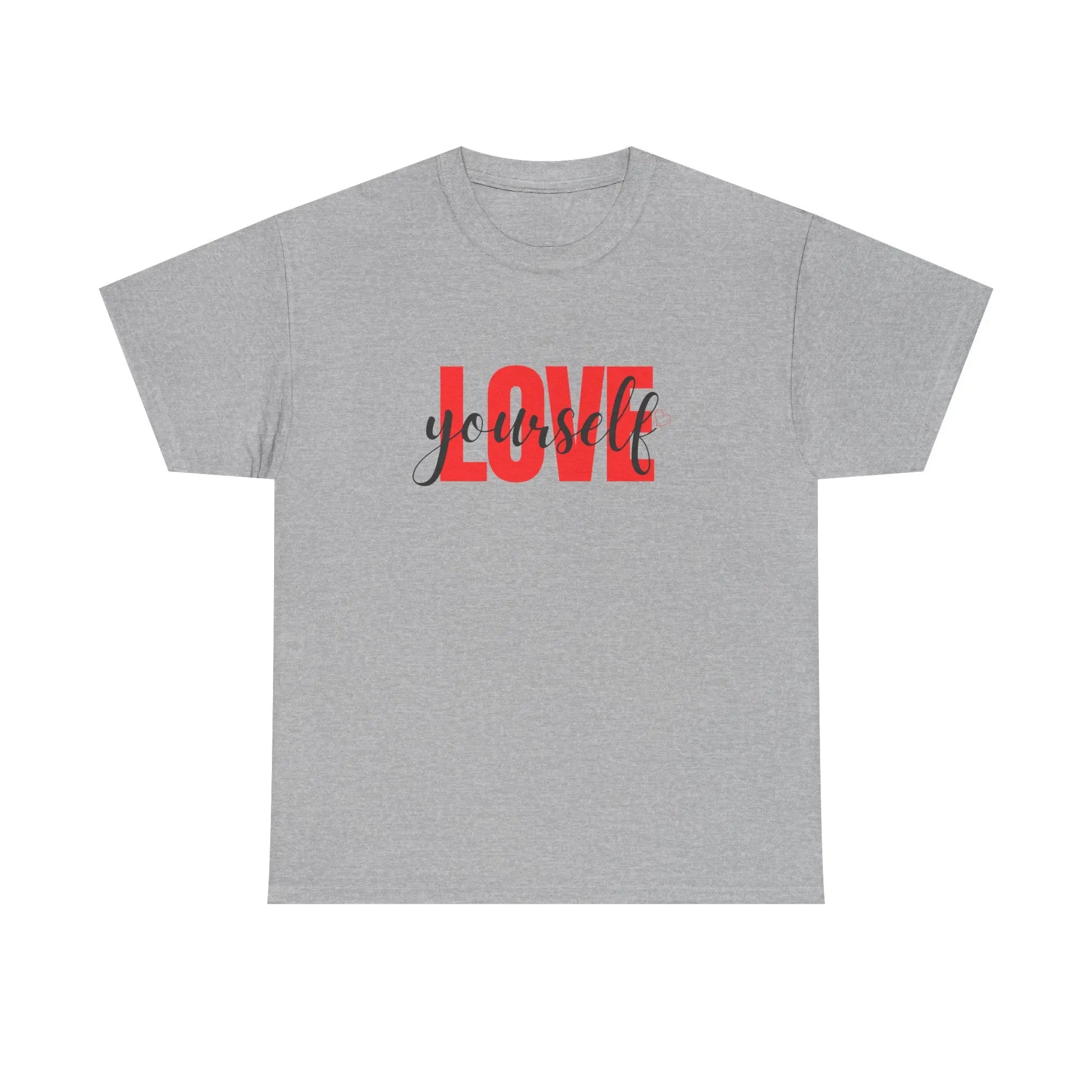 LOVE Script Graphic T-Shirt — Red Block "Love" with Cursive Overlay Printify
