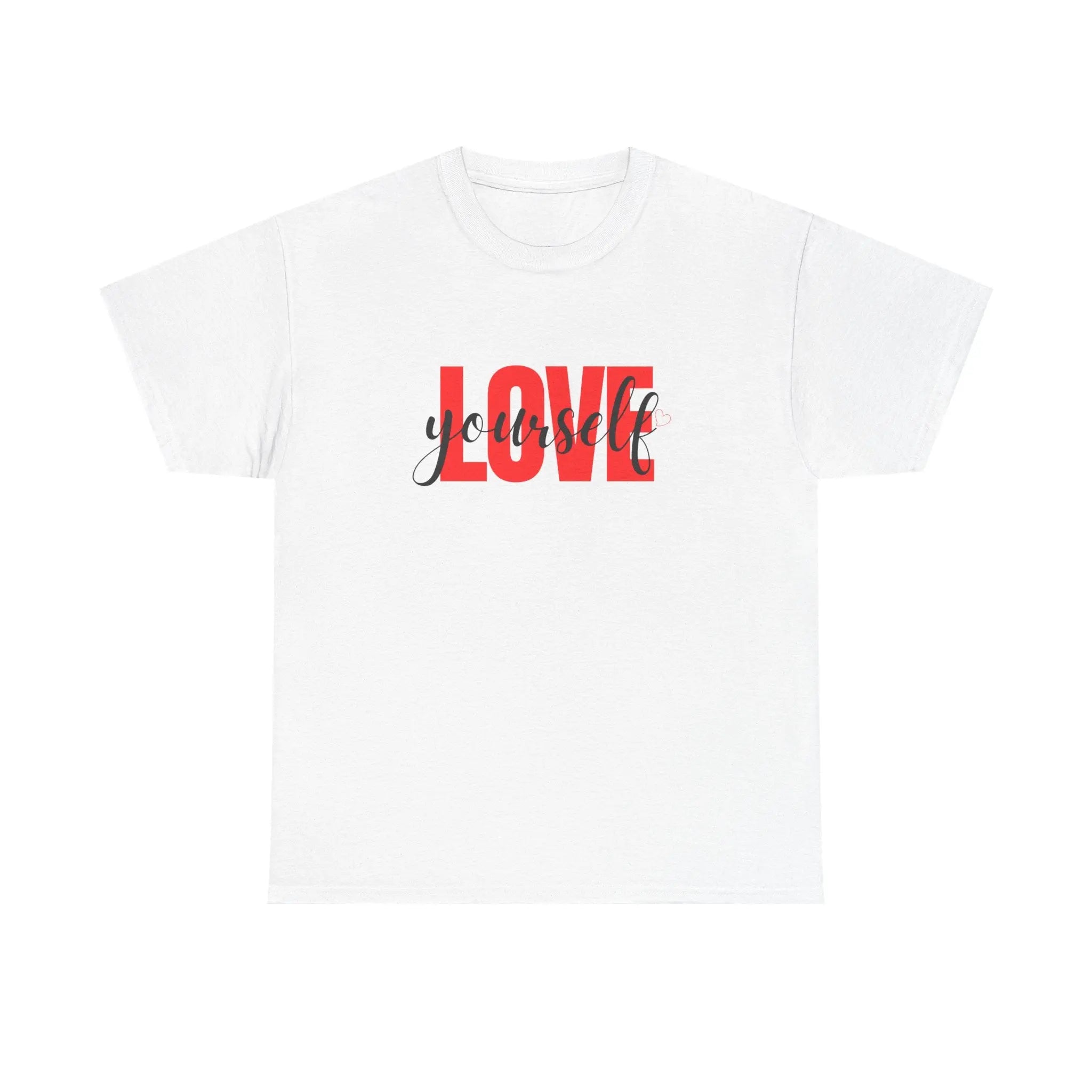 LOVE Script Graphic T-Shirt — Red Block "Love" with Cursive Overlay Printify