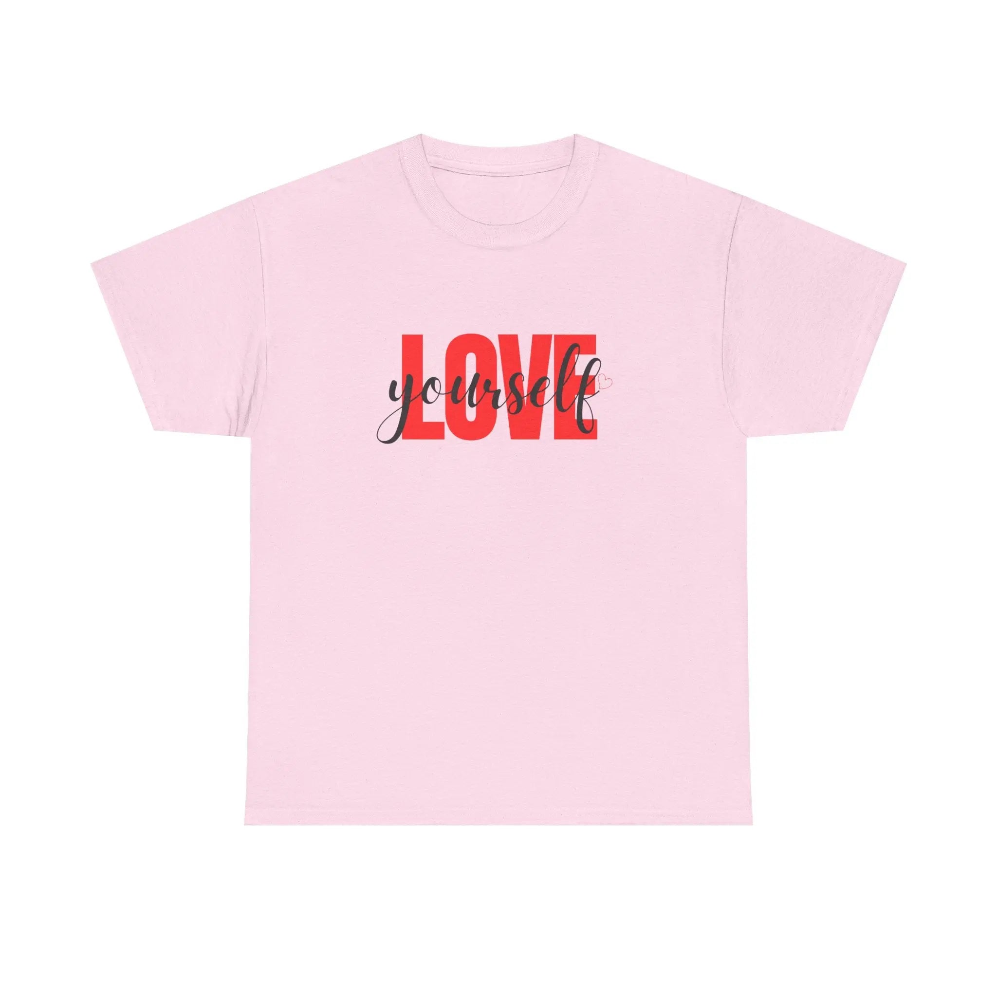 LOVE Script Graphic T-Shirt — Red Block "Love" with Cursive Overlay Printify