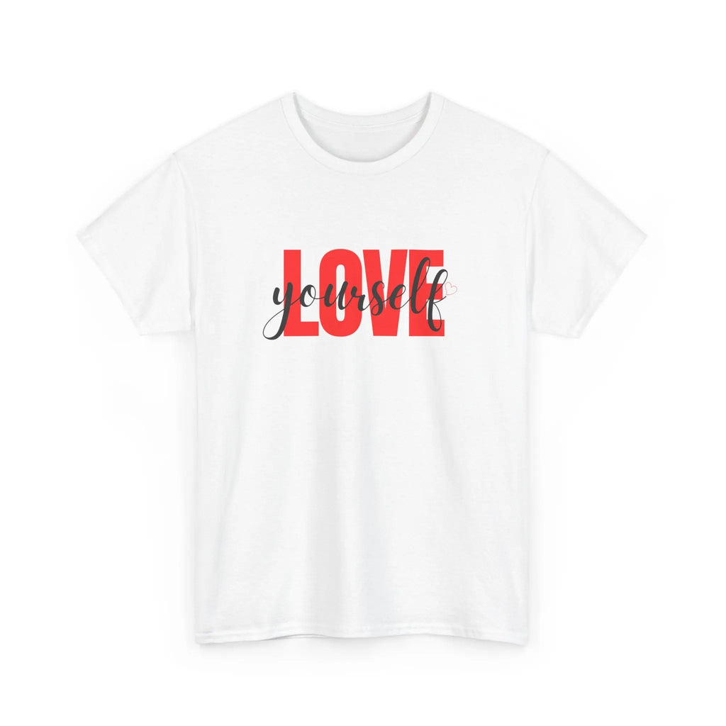 LOVE Script Graphic T-Shirt — Red Block "Love" with Cursive Overlay Printify