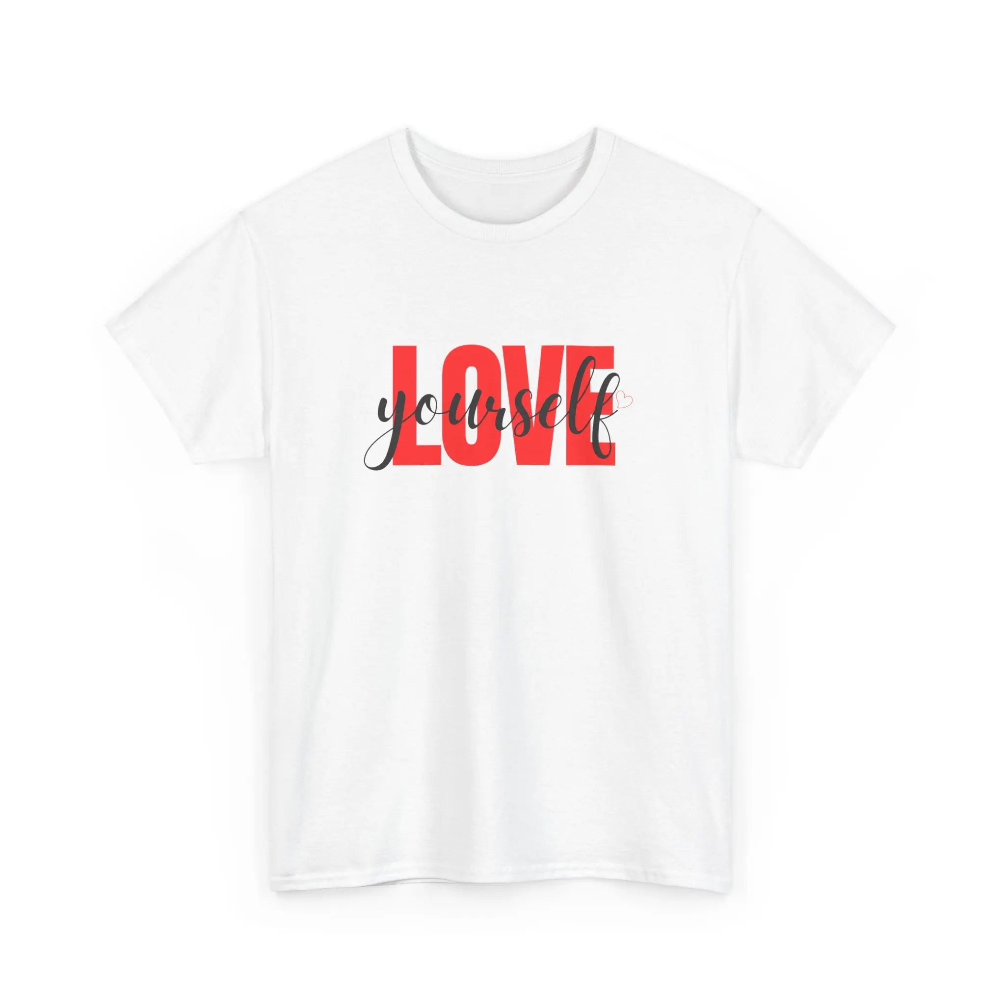 LOVE Script Graphic T-Shirt — Red Block "Love" with Cursive Overlay Printify
