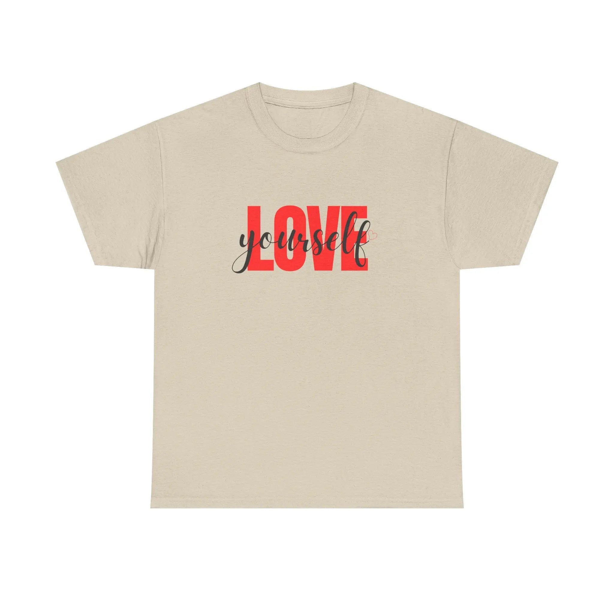 LOVE Script Graphic T-Shirt — Red Block "Love" with Cursive Overlay Printify