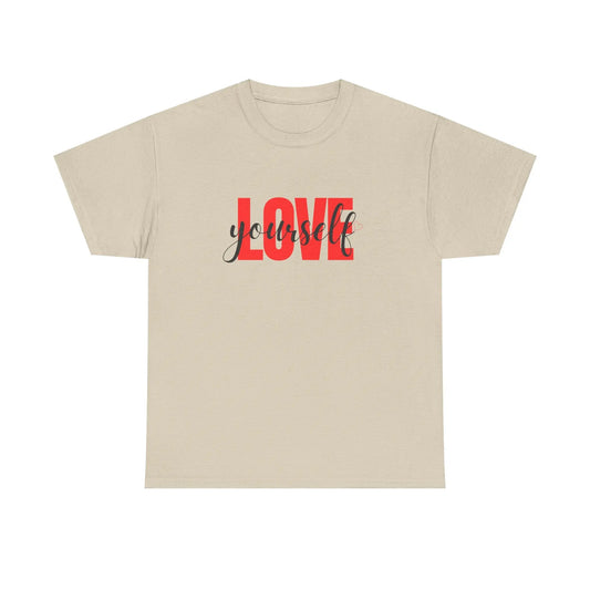 LOVE Script Graphic T-Shirt — Red Block "Love" with Cursive Overlay Printify