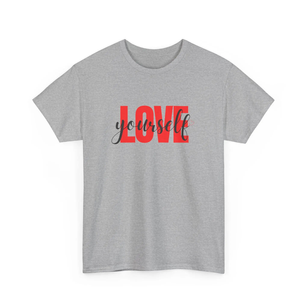 LOVE Script Graphic T-Shirt — Red Block "Love" with Cursive Overlay Printify