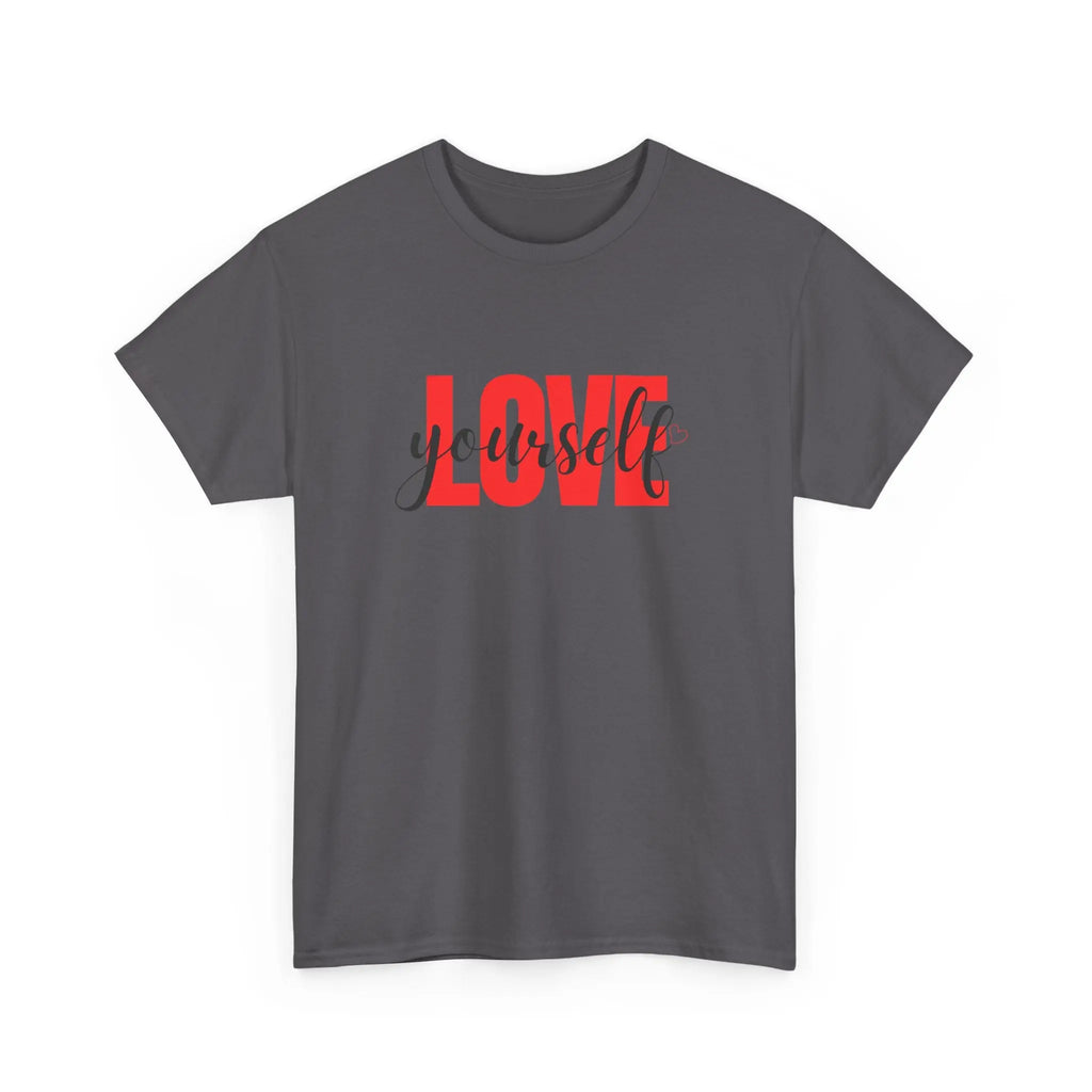 LOVE Script Graphic T-Shirt — Red Block "Love" with Cursive Overlay Printify