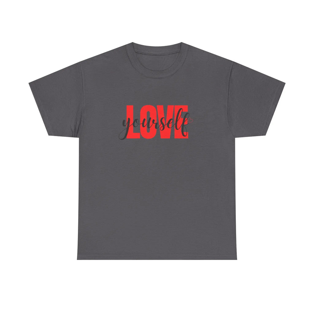 LOVE Script Graphic T-Shirt — Red Block "Love" with Cursive Overlay Printify