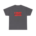 LOVE Script Graphic T-Shirt — Red Block "Love" with Cursive Overlay Printify