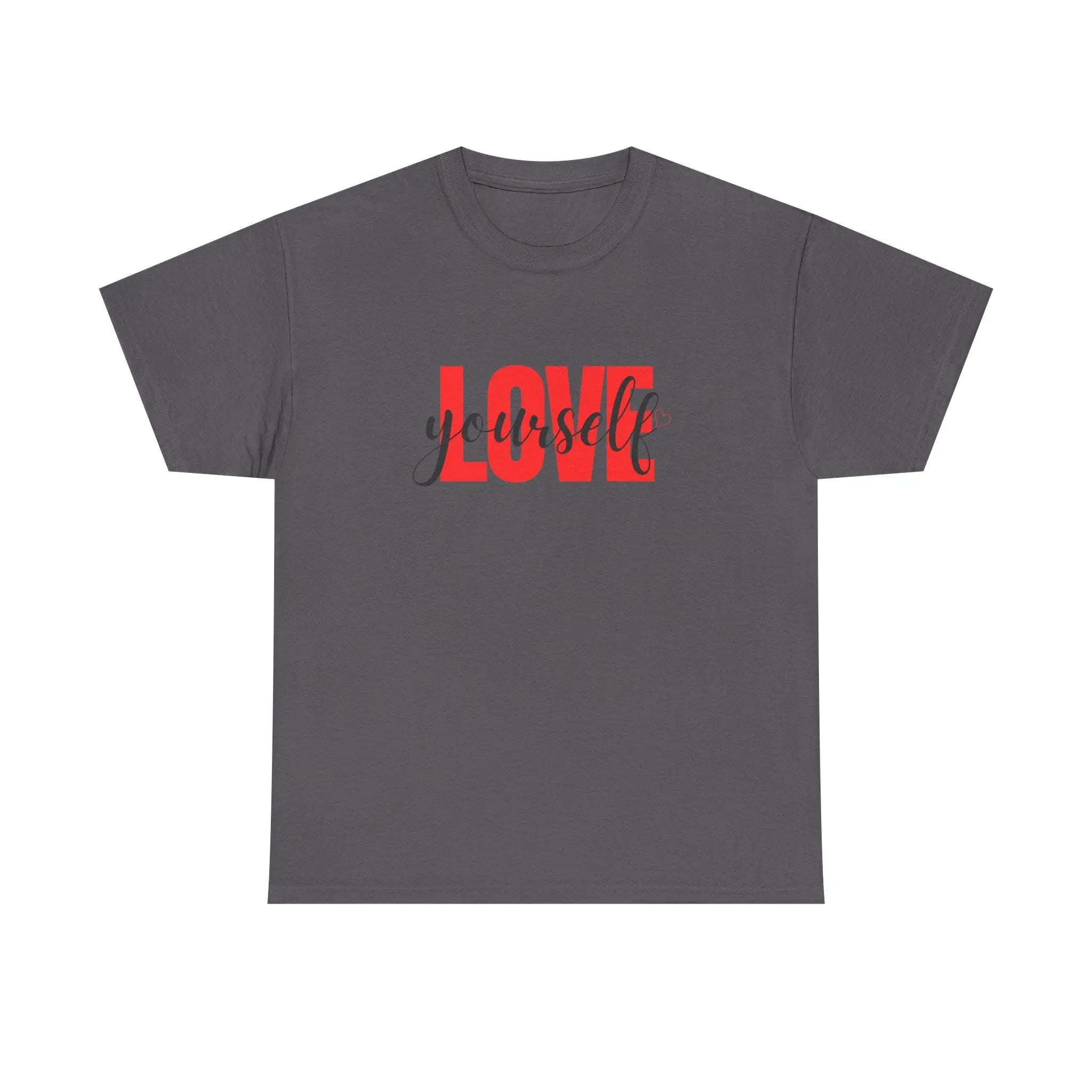 LOVE Script Graphic T-Shirt — Red Block "Love" with Cursive Overlay Printify