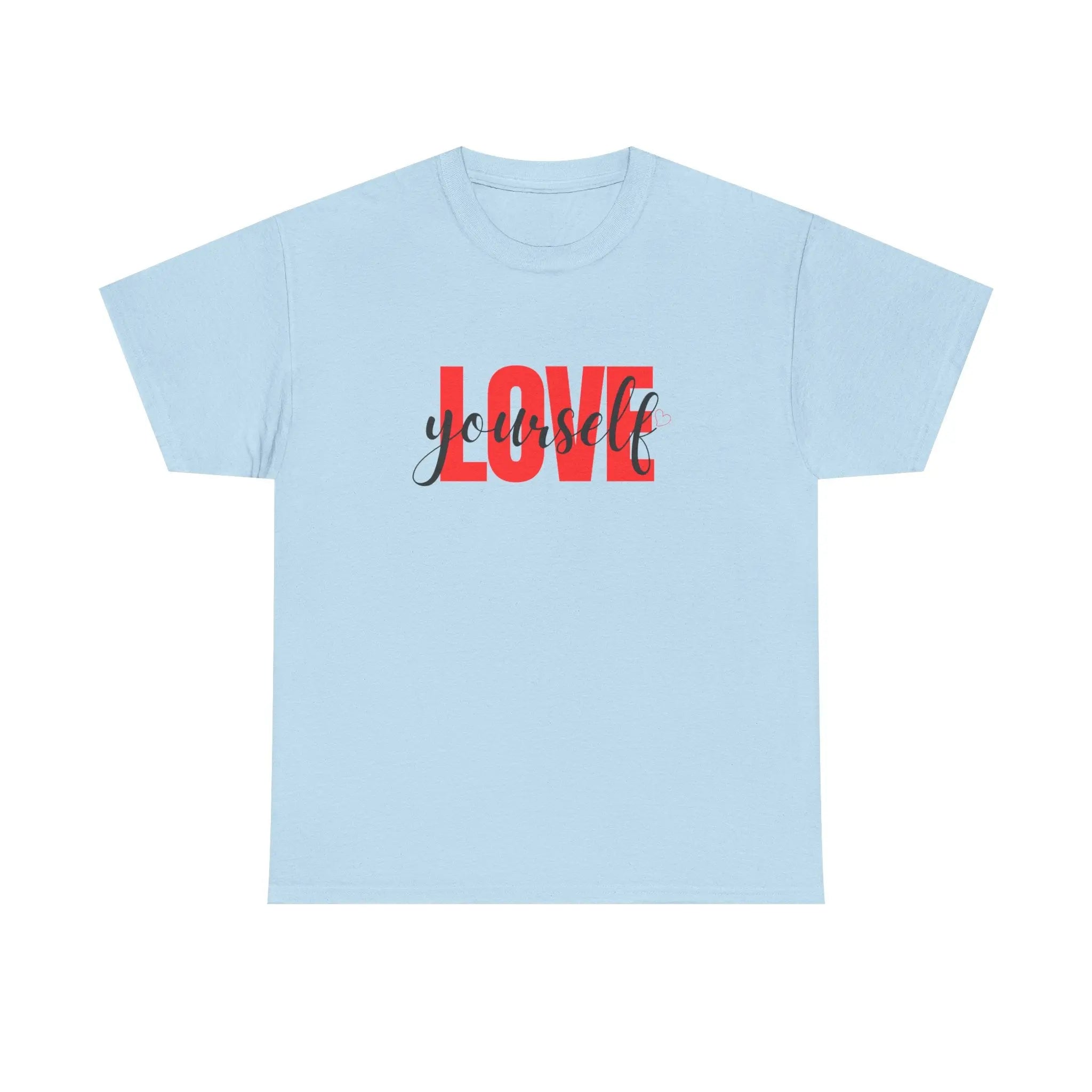 LOVE Script Graphic T-Shirt — Red Block "Love" with Cursive Overlay Printify