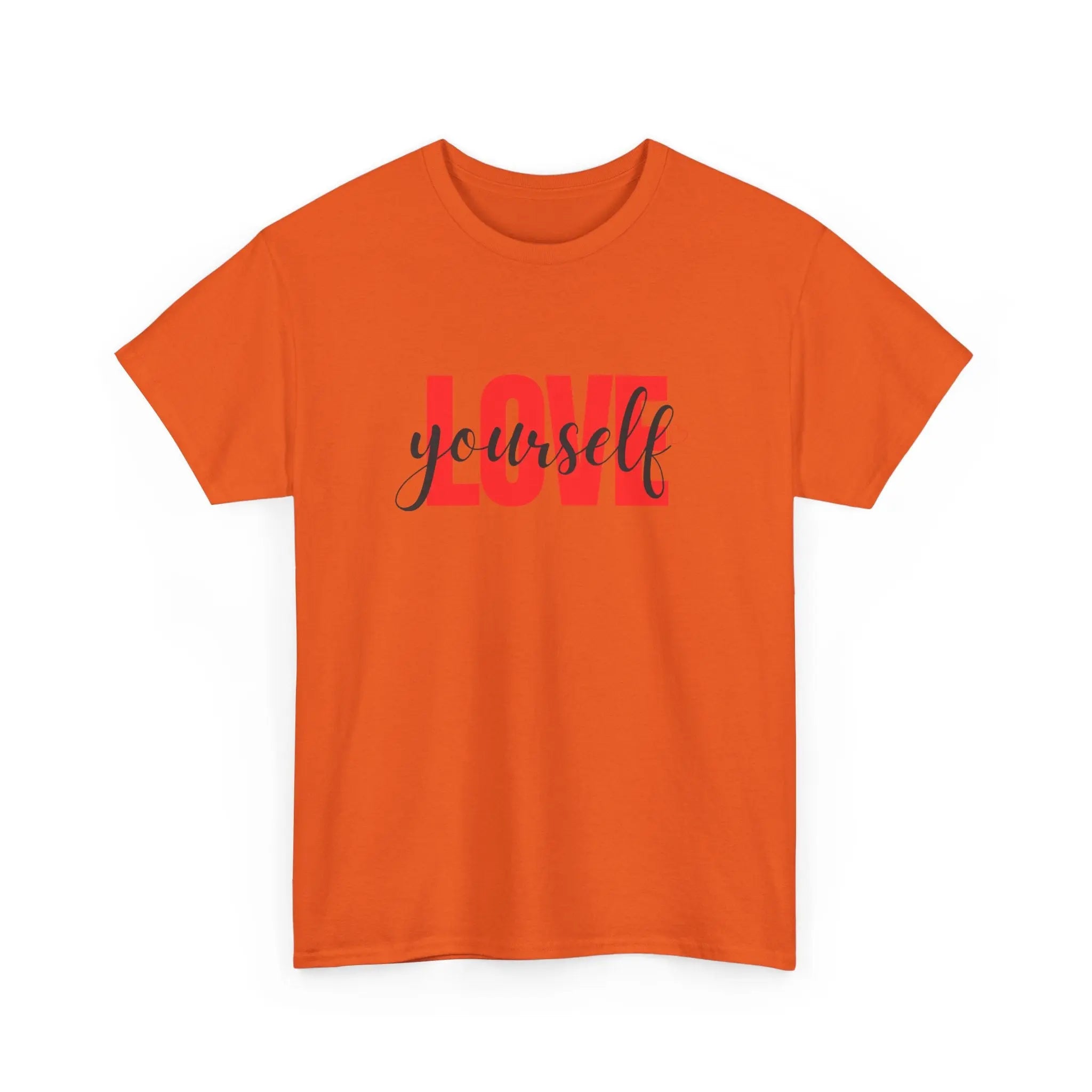 LOVE Script Graphic T-Shirt — Red Block "Love" with Cursive Overlay Printify