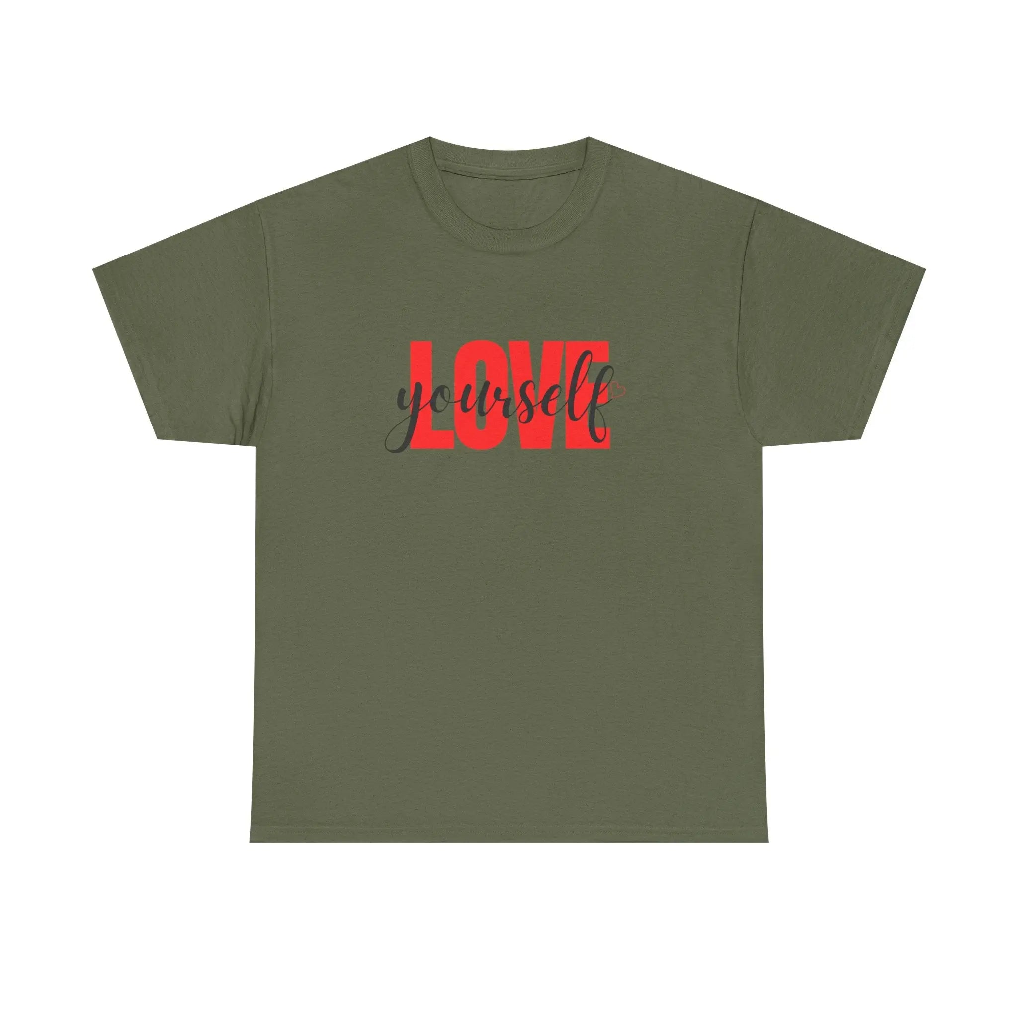 LOVE Script Graphic T-Shirt — Red Block "Love" with Cursive Overlay Printify