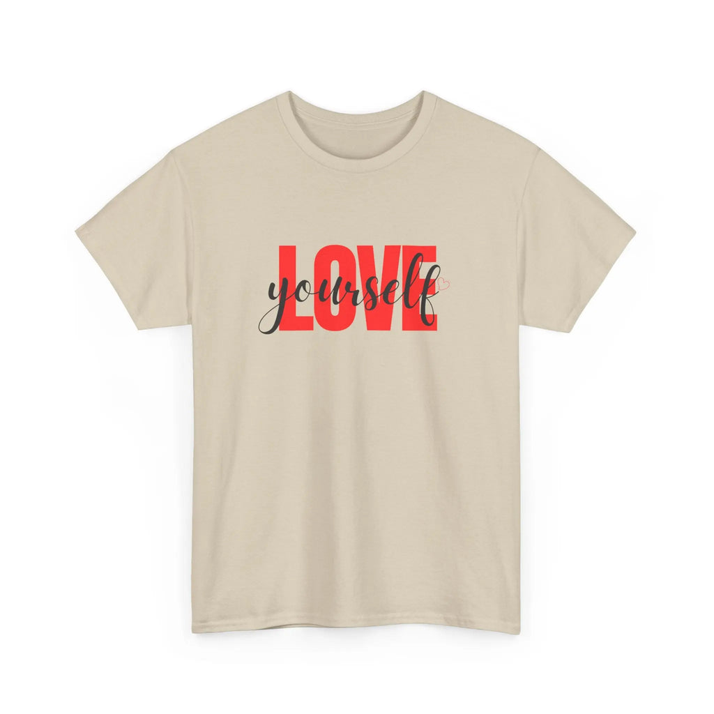 LOVE Script Graphic T-Shirt — Red Block "Love" with Cursive Overlay Printify