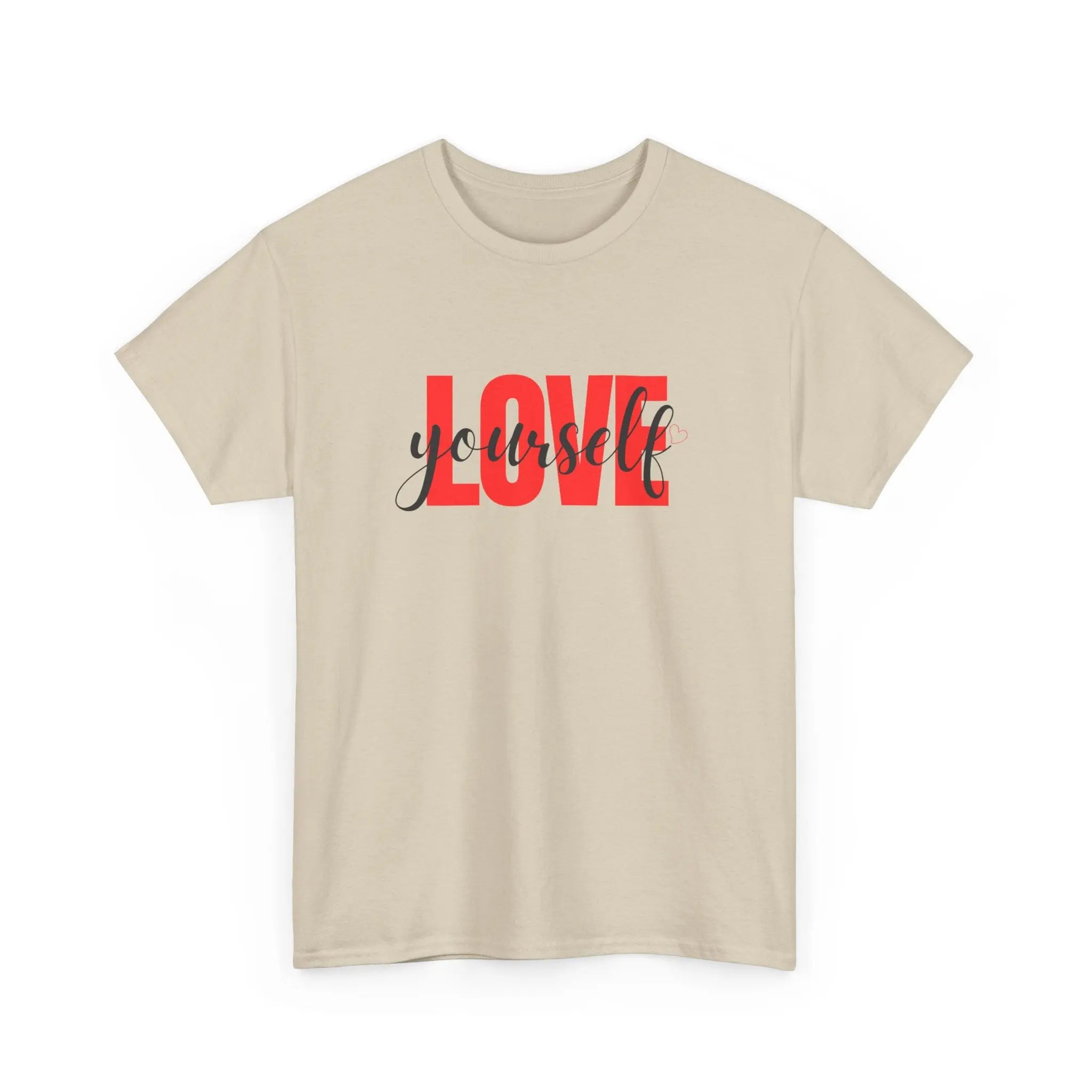LOVE Script Graphic T-Shirt — Red Block "Love" with Cursive Overlay Printify