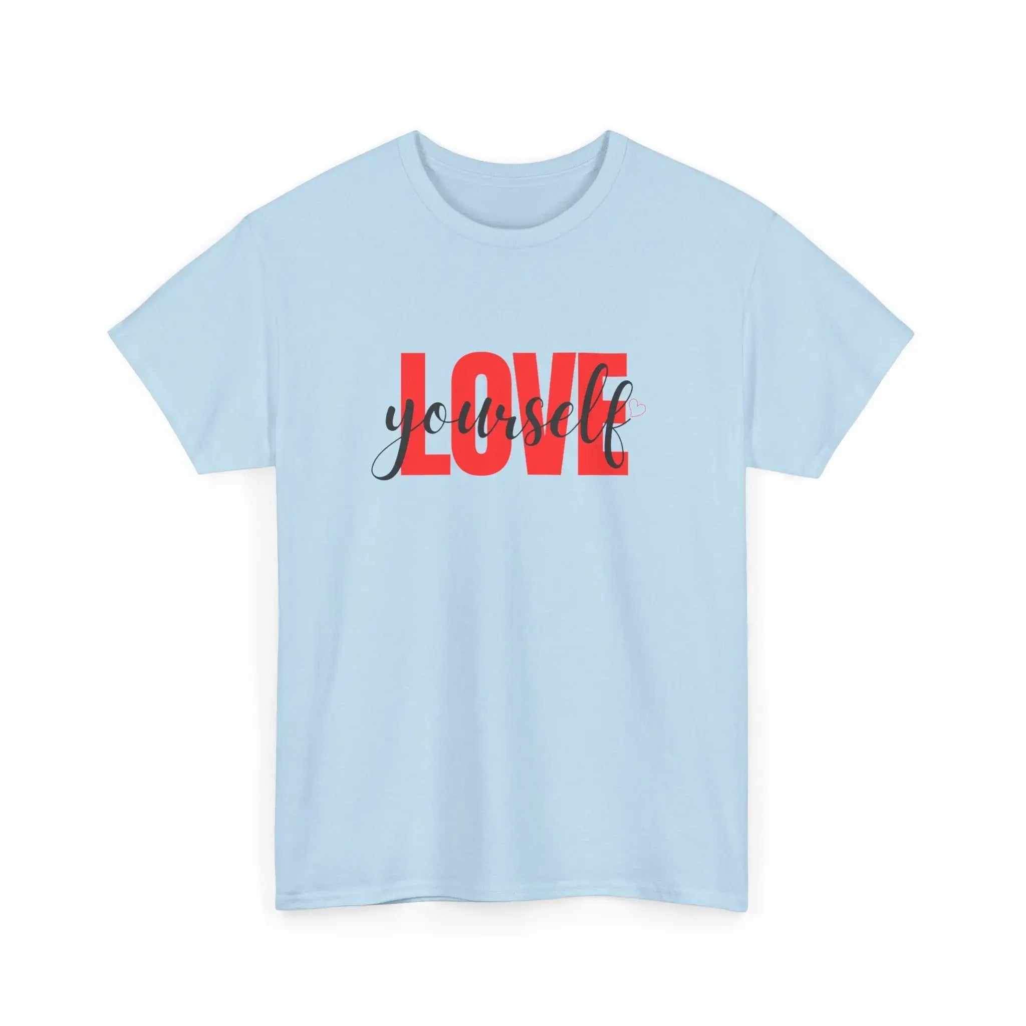 LOVE Script Graphic T-Shirt — Red Block "Love" with Cursive Overlay Printify